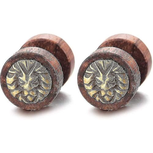 Hommes Femmes Acier Or Lion Tête Bois Cercle Stud Boucles D¿Oreilles Cheater Faux Bouchons D¿Oreille Jauges