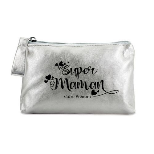 Trousse de maquillage argent pochette super maman personnalisee