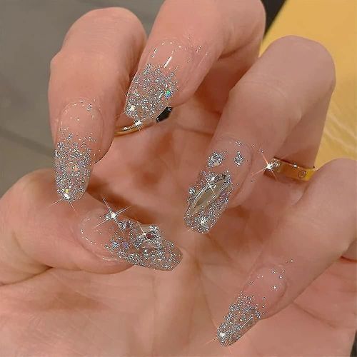 24pcs Press On Nails Medium, 3d Strass Coffin Faux Ongles Avec Dessins, Ballerine Brillante Acrylique Ongles Press On, Glitter Scintillant Colle Artificielle O 