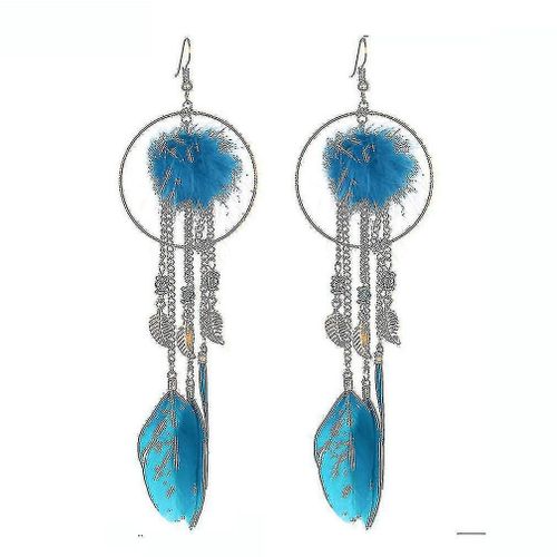 Boucles D¿Oreilles Longues 3d Fur Ball Feather Fringe Blue Alloy Opal Eardrops For Wedding
