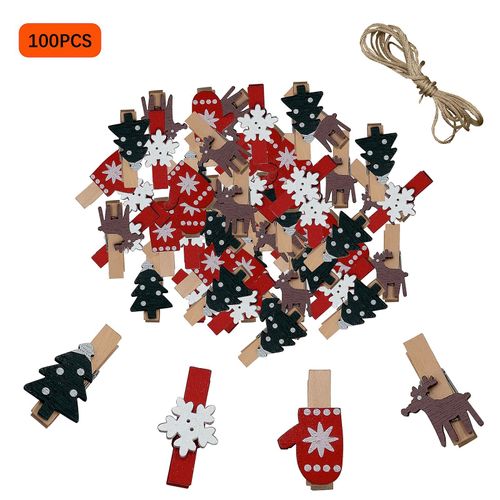 Noël Bois Clips Noël Arbre Flocon de Neige Elk Gants Pinces à linge Diy Photo Pegs Clips suspendus pour décor de fête 100pcs