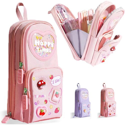 Trousse Scolaire Sac À Dos Rose, 3 Compartiment Kawaii Trousse À Crayons De Grande Capacité, Imperméable Sac À Crayons École, Plumier Pour Collège Bureau Étudiants De Organiseur De Papeterie