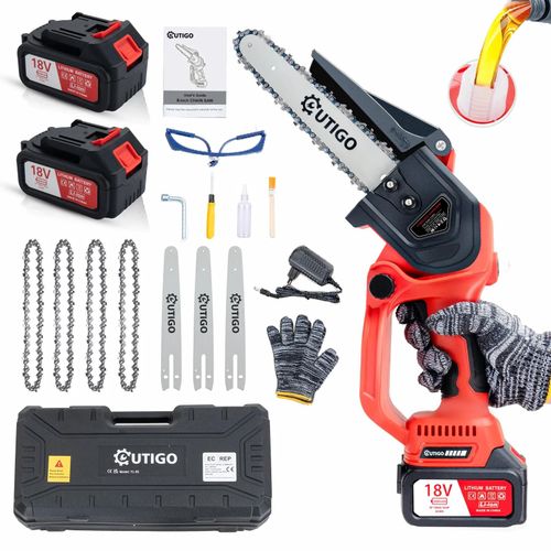 OUTIGO Tronçonneuse à batterie, Tronçonneuse 8 pouces, 6000mAh, MINI Tronçonneuse sans fil, 4 chaînes+3 guides de chaîne-