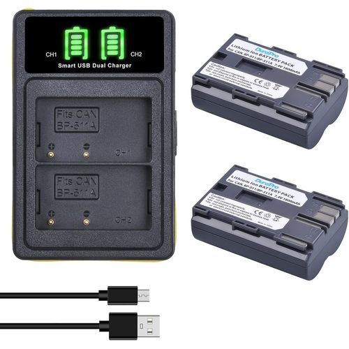 2X Batterie BP-511 BP-511A + Double Chargeur USB intégré à Del avec Port de Type C pour Canon EOS 5D (Mark1), 10D, 20D, 20Da, 30D, 40D, 50D, 300D, D30, D60,PowerShot G1, G2