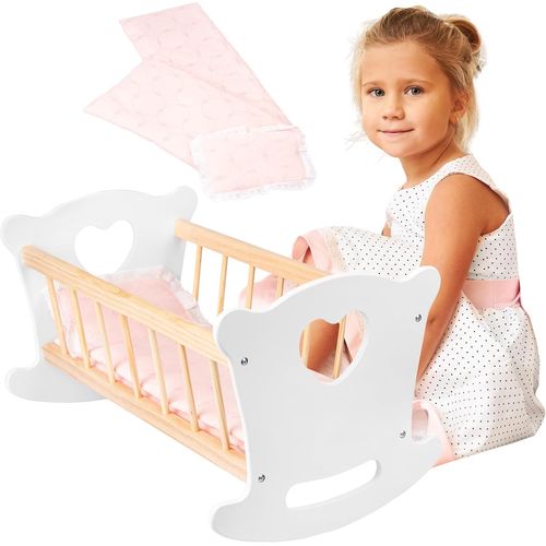 Kinderplay Berceau Poupée - Lit Poupee En Bois | Berceau Poupon | Berceau Poupee | Lit En Bois Pour Poupon | Poupee Longue Max. 49.5 Cm, Blanc, Gs2100