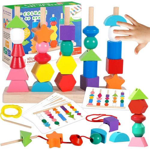 Jouet Montessori Bois Puzzle Enfant, 2 en 1 Jeux Pédagogique Empilable 2 3 4 5 6 Ans, Jouets de Tri à Enfiler Jeux d'éveil et d'activités, Educatif Jeu pour Bébé Enfant Garçon Fille