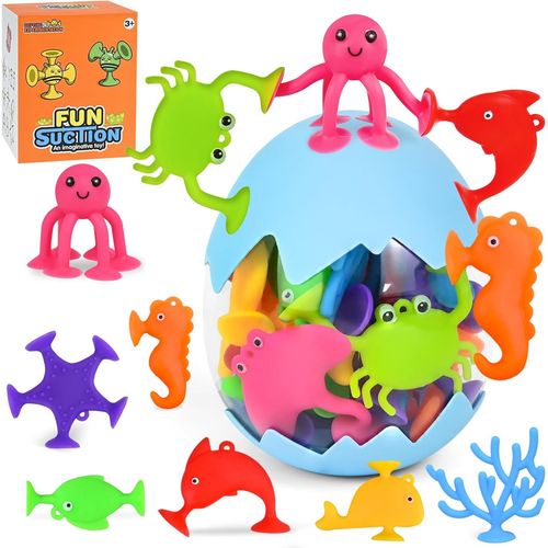 Jouets à Ventouse Silicone, 24 PCS Jouets de Bain pour Enfants en Forme d' Animaux, Jouets Éducation à Ventouse Voyage Sensoriels Interactifs Montessori Contre Le Stress pour Bébé 3+ Ans