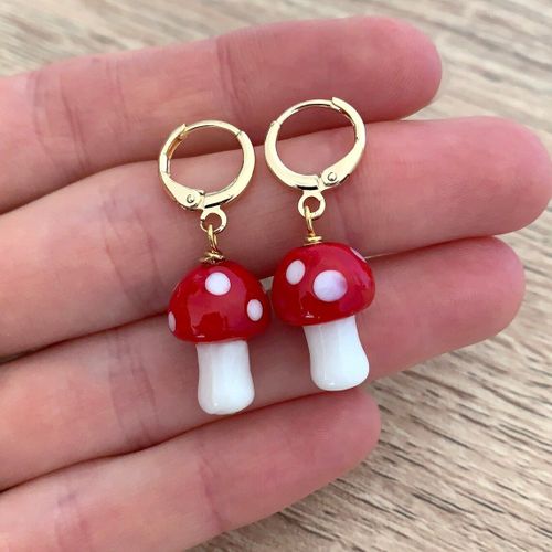 Boucles D'oreilles Créoles En Verre Pour Chambre Plus Lente Rouge, Bijoux Au Chalumeau En Or, Boucles D'oreilles Huggie Hoop, Pendentifs De Champignon