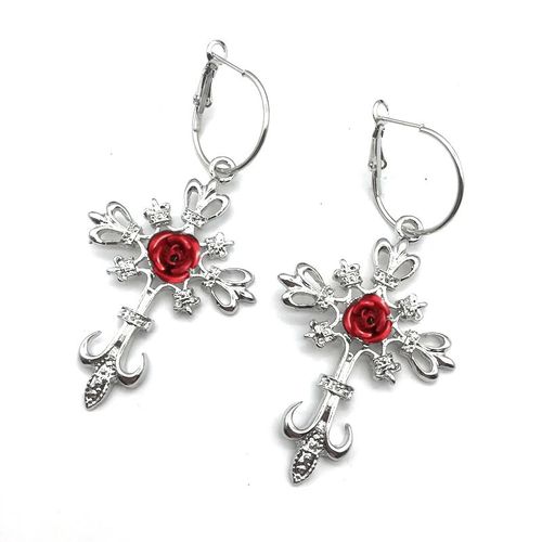 Boucles D'oreilles Croix En Argent Avec Rose Rouge, Bijoux Gothiques, Boucles D'oreilles De Déclaration, Pendentif Croix, Cadeau Gothique, Leon Romantique, Victorien
