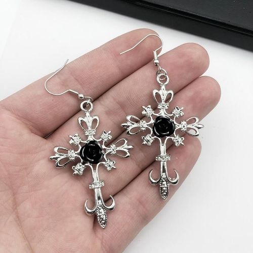 Boucles D'oreilles Croix En Argent Avec Rose Rouge, Bijoux Gothiques, Boucles D'oreilles De Déclaration, Pendentif Croix, Cadeau Gothique, Leon Romantique, Victorien