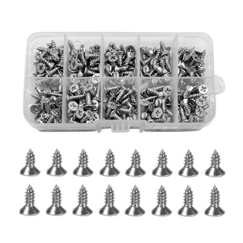240 Pcs M4 Vis Autotaraudeuse,304 Acier Inoxydable Vis à Tête Plate Croisée,10 mm 12 mm Autotaraudeuse Vis à Bois,Avec Boîte en Plastique pour Fixation de Tôle Matériel Electronique Machine