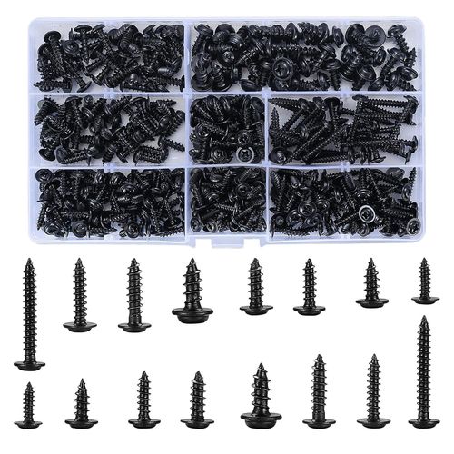 350 Pièces Vis Autotaraudeuses, Vis Autoforeuse Acier Carbone, Vis à Bois Noir, Kit Vis Tête Ronde, Vis Cruciforme Tête Plate pour Métal en Bois Souple - 8 Spécifications, Avec un Boîte Plastique