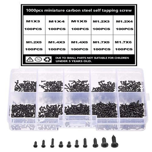 Lot de 1000 mini vis autotaraudeuses - Petites vis noires - Micro vis M1 M1.2 M1.4 M1.7 - Pour lunettes, montres, téléphones, appareils photo, ordinateurs portables, etc.