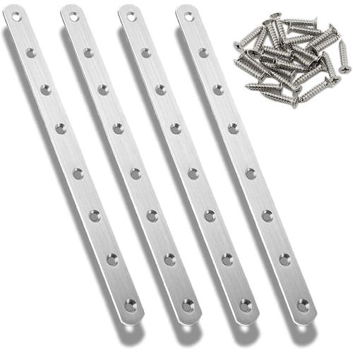 4 Pcs Pattes D'assemblage en Inox, 295 x 20mm Supports de Fixation Droits Plats Plaques Métalliques, Connecteur Equerre Plate Fixation Inox avec Vis pour Meubles Armoires Caisson Étagères Argent
