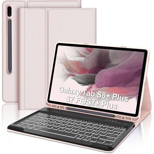 Clavier pour Samsung Tab S7 FE/ S7+ Plus/ S8+ Plus 12.4"", 7 Couleurs LED rétroéclairé Détachable Clavier Bluetooth sans Fil pour Galaxy Tab S7+/S8+ 12.4"", AZERTY Français, Rose