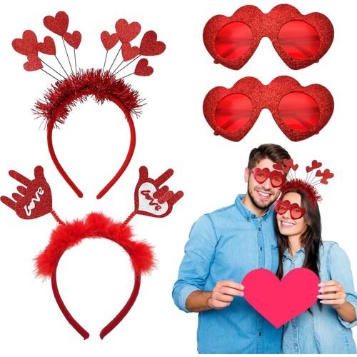 G-025 Serre-Tête Coeur Rouge Serre Tete Love Palm Serre Tete Fille À Paillettes En Forme De C?ur Avec Des Lunettes Coeur Rouge Pour La Saint Valentin Le Mariage Le Carnaval Et Les Fêtes D'an[L668]