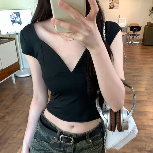 T-Shirt À Manches Courtes Dos Nu Pour Femme, À La Mode Et Tendance, Haut Taille Courte