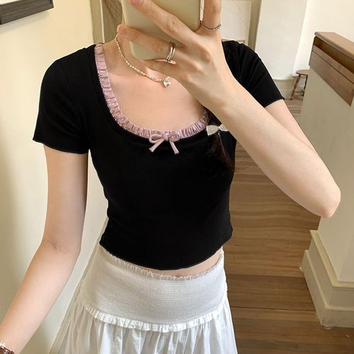 T-Shirt À Manches Courtes Et Col Carré À Lacets Avec Coutures Plissées Chic Coréennes Pour Femmes, Haut Taille Courte