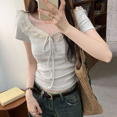T-Shirt À Manches Courtes À Lacets Et Col Carré Pour Femme En Été Avec Haut Court Amincissant Plissé Moulant À La Taille