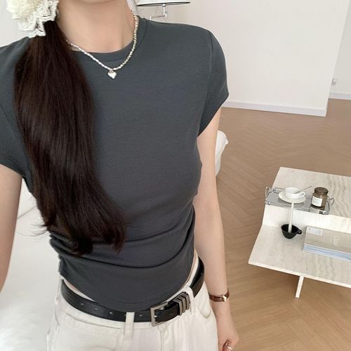 T-Shirt Rayé À Manches Courtes Pour Femme En Été Avec Épaules Droites, Taille Et Design Plissé, Haut Court Amincissant