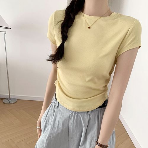 T-Shirt Rayé À Manches Courtes Pour Femme En Été Avec Épaules Droites, Taille Et Design Plissé, Haut Court Amincissant