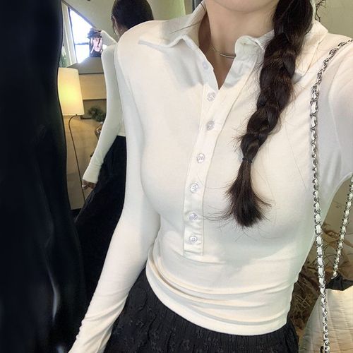 T-Shirt À Manches Longues Et Demi-Boutonnage À Col De Style Décontracté Pour Femme Au Début Du Printemps