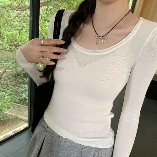 Hauts Tricotés Polyvalents À Col En U De Couleur Bonbon Anti-Âge Pour Femmes Au Printemps T-Shirt Slim À Manches Longues Macaron