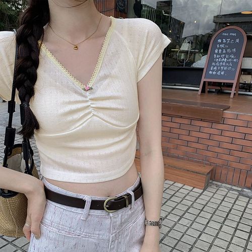 T-Shirt À Manches Courtes Raglan En Dentelle À Col En V Pour Femme, Haut Court D'été Au Beau Tempérament