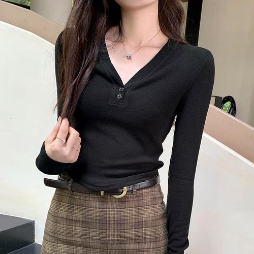 Petit Design, Joli Col En V, Côtelé, Coupe Ajustée, Boutonné, T-Shirt À Manches Longues Pour Femme, Début D'automne, Hauts Doux Et Épicés