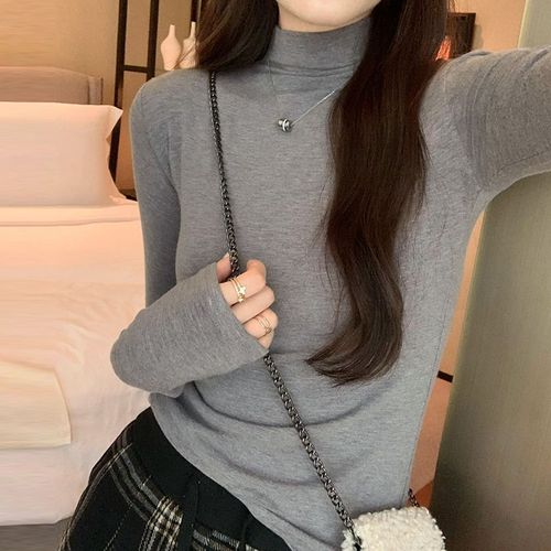 T-Shirt À Manches Longues Et Col Mi-Haut Pour Femme, Coupe Slim, Vêtement D'intérieur, Haut De Gamme, Populaire, Automne
