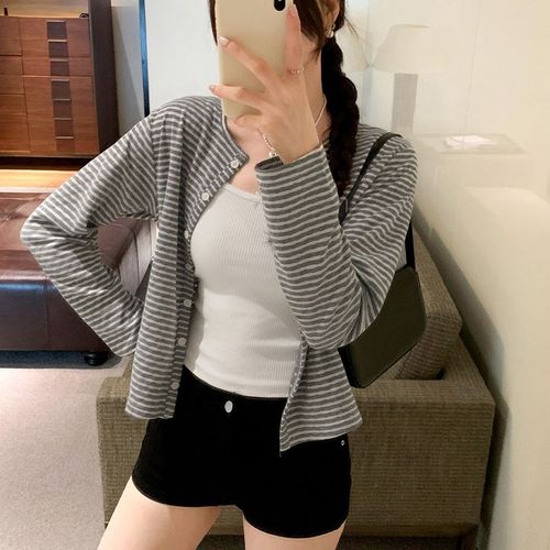 T-Shirt Cardigan Rayé À Pois Gris De Style Coréen Pour Femme, Haut De Début D'automne