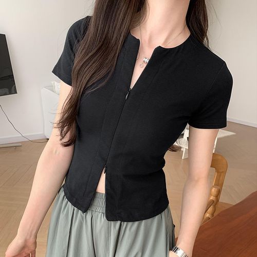 T-Shirt Cardigan À Manches Courtes Et Épaules Droites Pour Femme, Haut Court Amincissant À La Taille, Avec Fermeture Éclair À Double Tête, Pour L'été