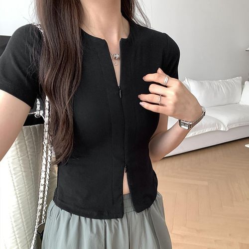 T-Shirt Cardigan À Manches Courtes Et Épaules Droites Pour Femme, Haut Court Amincissant À La Taille, Avec Fermeture Éclair À Double Tête, Pour L'été