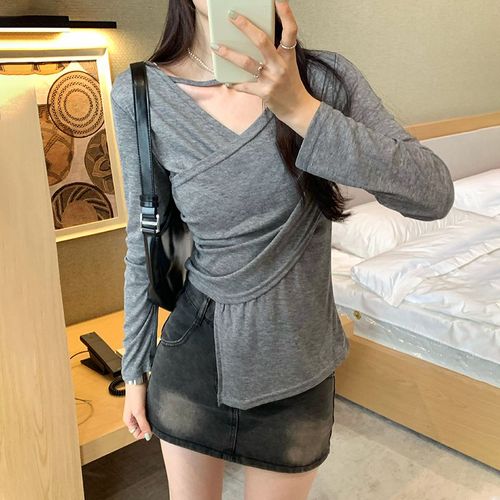 T-Shirt À Manches Longues En Tulle À Col Plissé Croisé Pour Femme, Chemise De Protection Solaire Irrégulière Pour Le Printemps Et L'été
