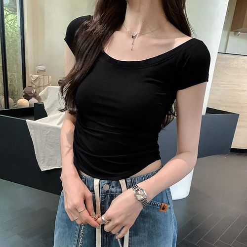 T-Shirt À Manches Courtes Coupe Slim À Plis À La Taille Pour Femme En Été Avec Une Épaule Droite Et Un Haut Doux