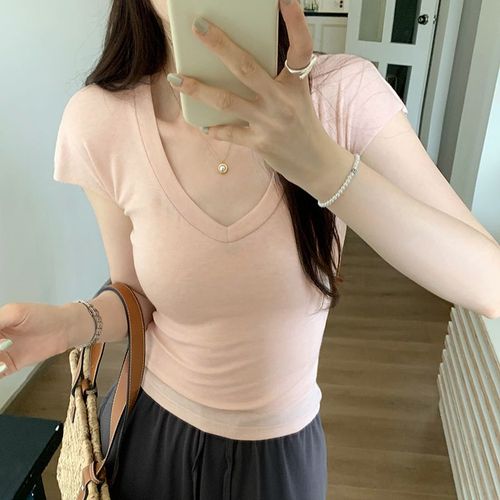 T-Shirt Col En V De Style Doux Pour Femme, T-Shirt D'été À Manches Courtes, Petite Chemise Slim Fit, Haut À Épaules Droites Pour Fille Chaude