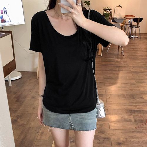 T-Shirt Ample À Manches Courtes En Modal Doux Pour La Peau Pour Femme, Haut Fendu À Ourlet Irrégulier D'été