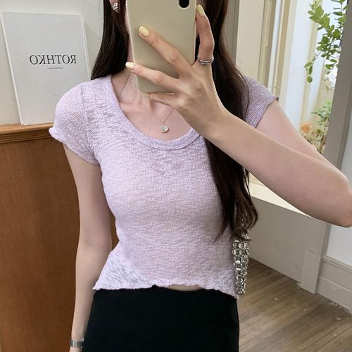 T-Shirt Coréen À Manches Courtes Et Épaules À Volants Irréguliers Pour Femmes En Été, Hauts Courts De Niche Et Sans Collision