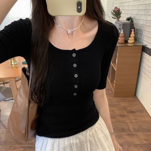 T-Shirt À Manches Courtes Coupe Slim Avec Épaules Droites Et Boutons Filetés Pour Femmes, Hauts D'été À La Mode