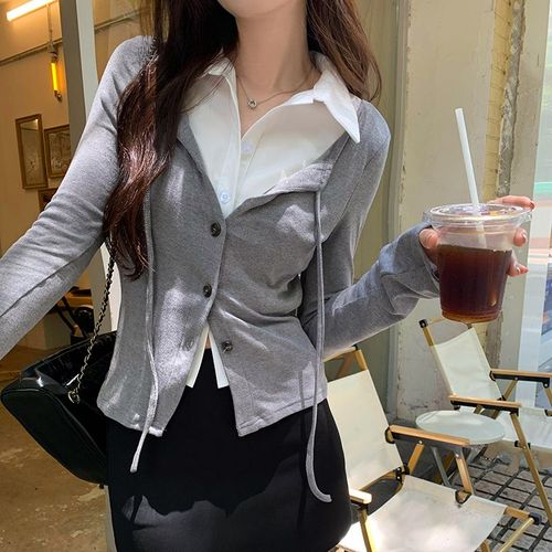 T-Shirt À Manches Longues Et Col En V Pour Femme, Faux Cardigan À Lacets En Deux Pièces, Coupe Slim, Début D'automne
