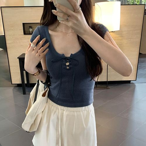T-Shirt Sans Manches À Bretelles Gaufrées Et Col En U Pour Femme, Haut Court Et Slim, Été