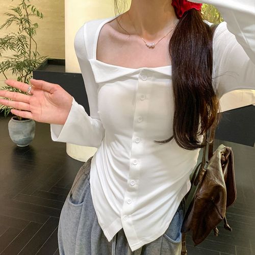T-Shirt Cardigan Slim À Revers À Col Carré De Conception Irrégulière De Style Coréen Pour Femmes Au Début De L'automne Haut Slim Plissé