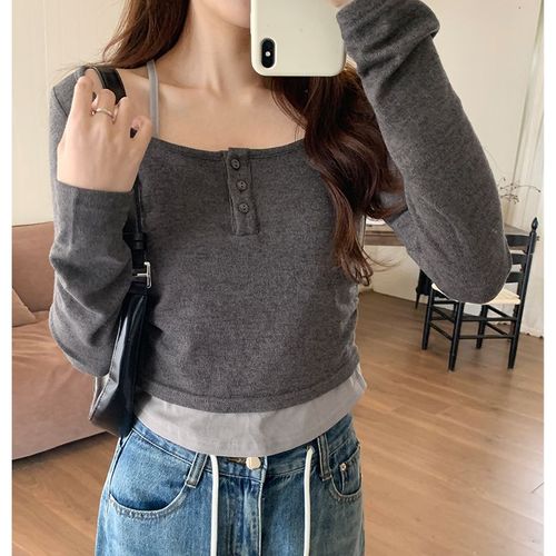 T-Shirt À Manches Longues En Deux Pièces Pour Femme, Design De Niche, Court Et Faux, Haut Chic Pour Fille Chaude, Printemps Et Automne