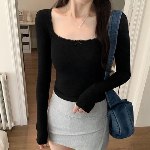 T-Shirt Blanc À Manches Longues Et Col Carré En Dentelle Pour Femme Au Printemps, Chemise À Fond Doux