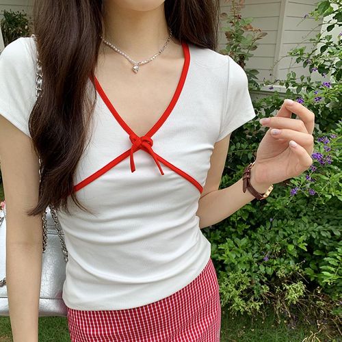T-Shirt À Manches Courtes Et Col En V Blanc À Motif De N?ud Croisé De Couleur Contrastée Pour Femme, Haut Slim D'été