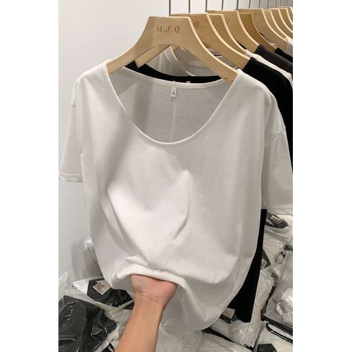 T-Shirt À Manches Longues Blanc Décontracté Et Ample Pour Femme, Haut Mi-Long Avec Ourlet En U Et Col En U, Printemps Et Automne