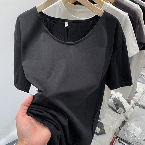 T-Shirt À Manches Longues Blanc Décontracté Et Ample Pour Femme, Haut Mi-Long Avec Ourlet En U Et Col En U, Printemps Et Automne