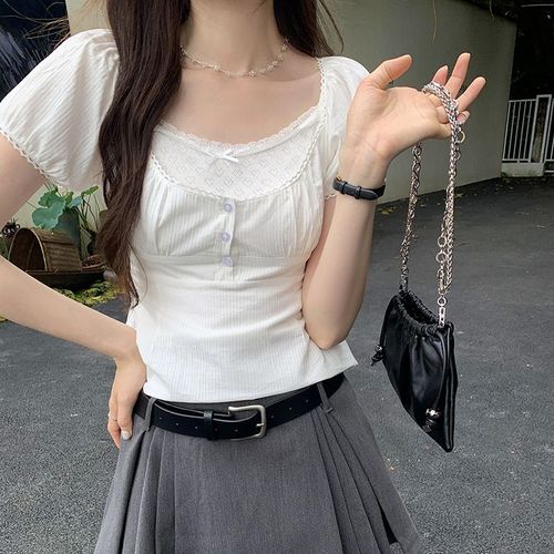 Chemise Blanche À Manches Courtes De Style Français Pour Femme En Été, Haut Court Unique Et Magnifique