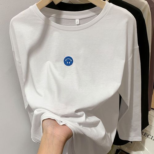 T-Shirt Noir À Manches Longues Pour Femme, Hauts Polyvalents Amples Pour Printemps Et Automne, Chemise Mi-Longue Brodée En Pur Coton
