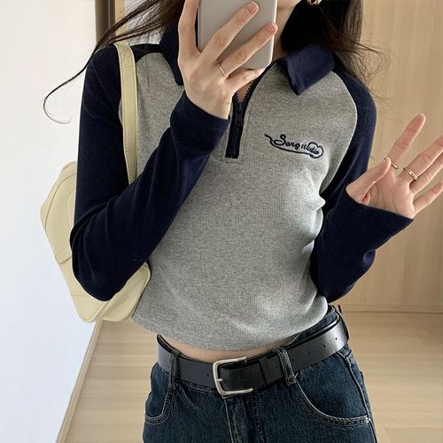 T-Shirt À Manches Longues Et Col Polo À Épaules Droites De Couleur Contrastée Pour Femmes, Design D'automne Et D'hiver, Niche De Vêtements D'intérieur, Chemise De Fond